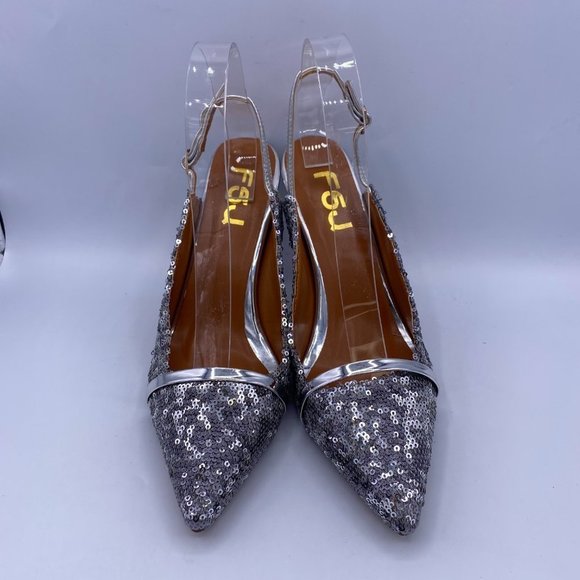 FSJ Silver Slingback pointed Kitten Heel Sandals - Picture 2 of 9